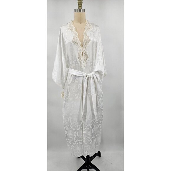 Vtg 90s New Linda Bis Robe Womens One Size White Satin Lace Pockets - Picture 1 of 7